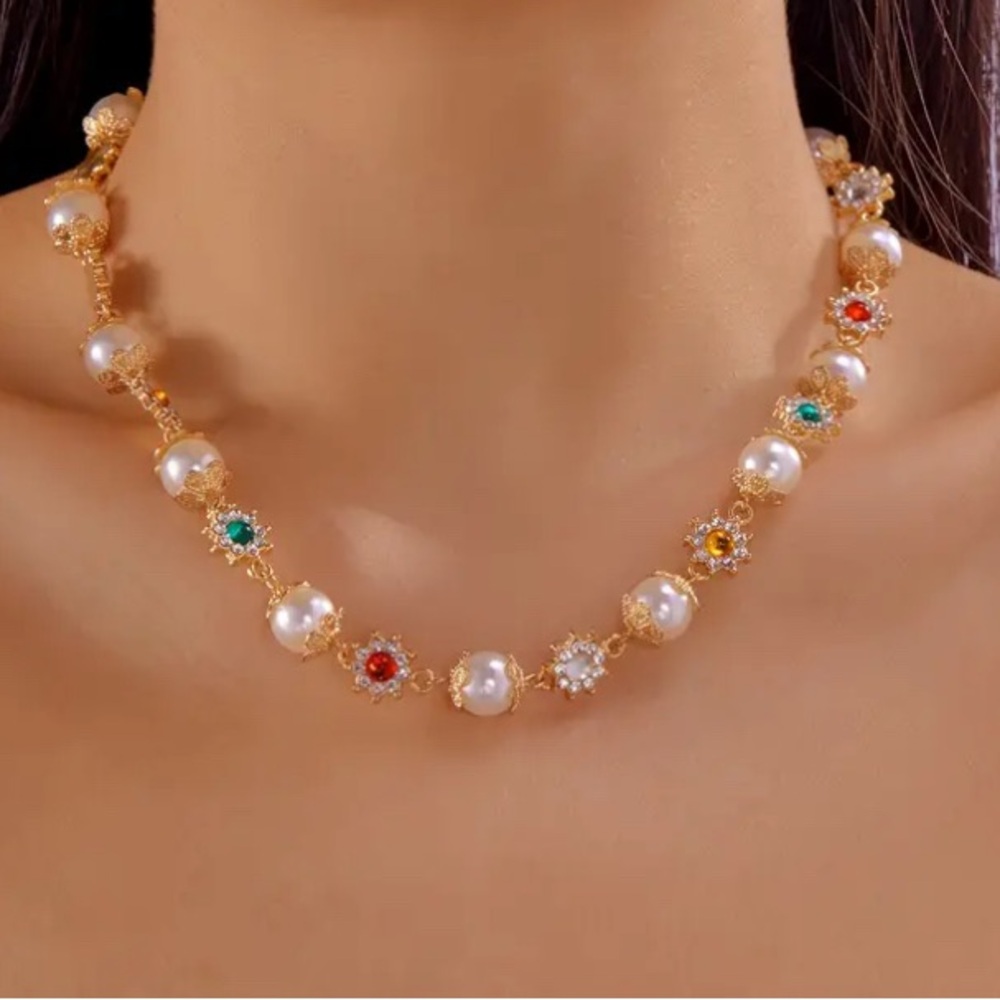 Faux Pearl and Coloured Rhinestone Necklace